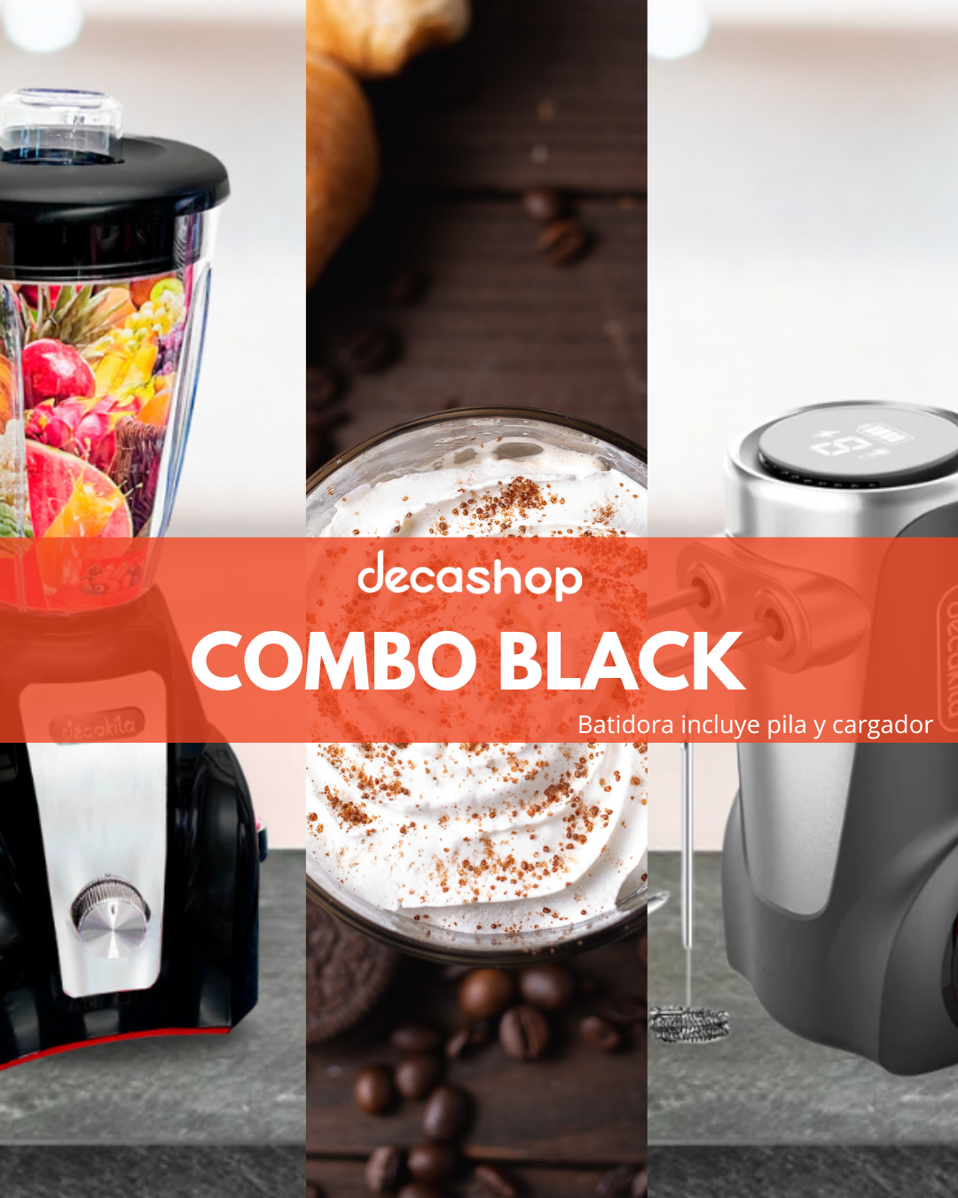 Combo Black: Licuadora 2 Velocidades + Batidora de Mano de Batería Inalámbrica Negro Decakila
