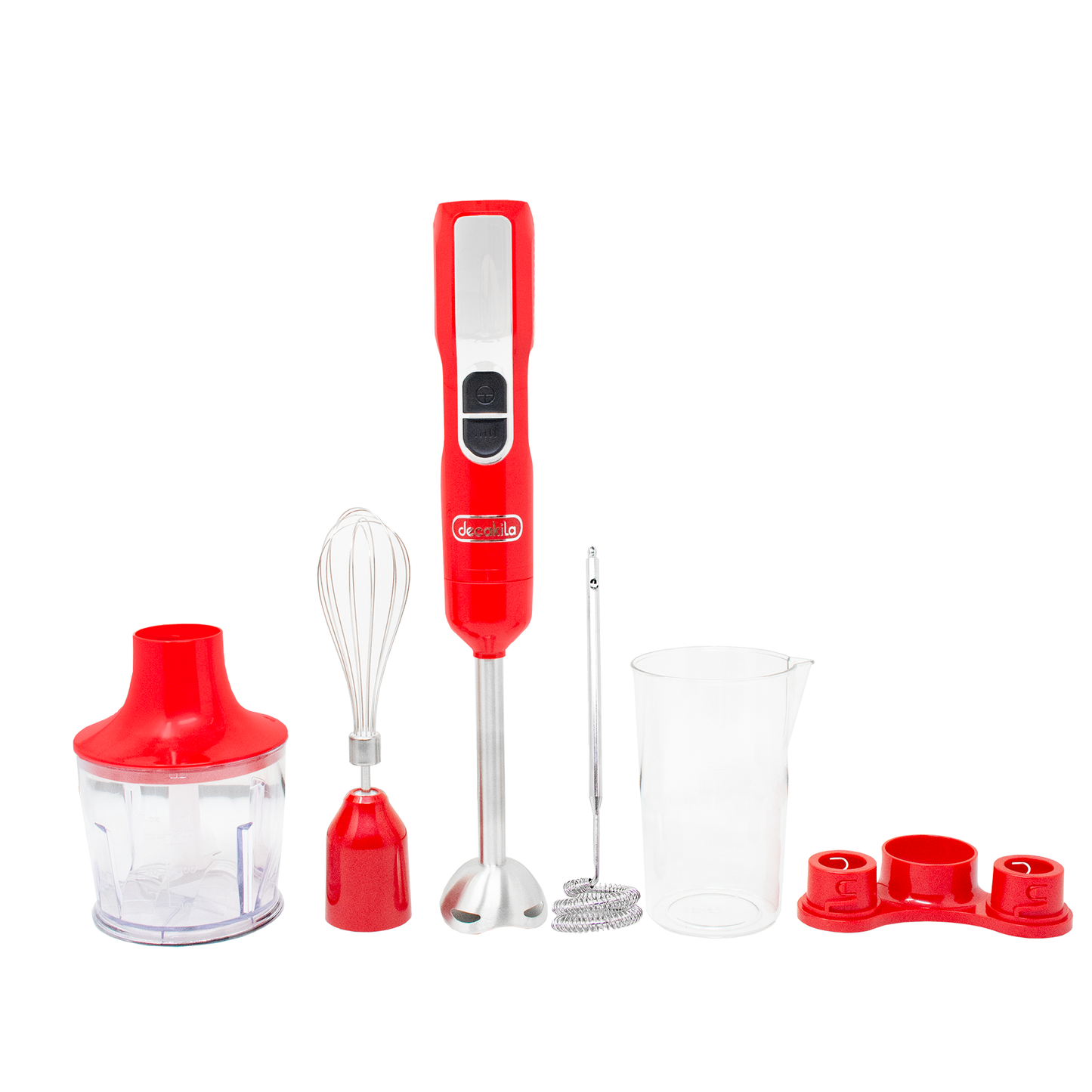 Batidora de inmersión 5 en 1 con accesorios 2 velocidades Inalámbrica de Batería Roja Decakila KMJB055R (Caja de 8 Piezas)