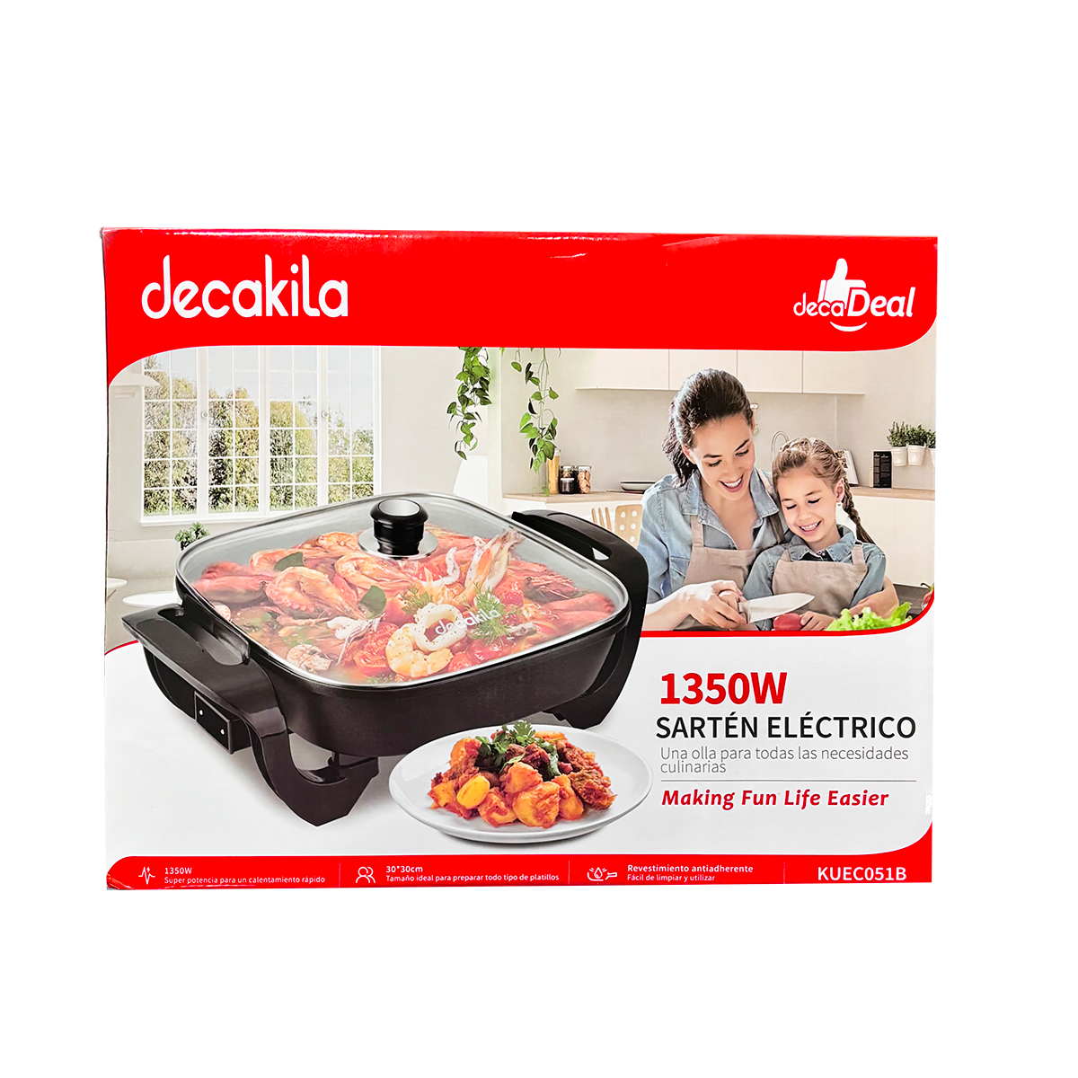 Sartén Eléctrico de 30 X 30 cm con Antiadherente y Tapa de Vidrio Negro Decakila KUEC051B (Caja con 4 Piezas)