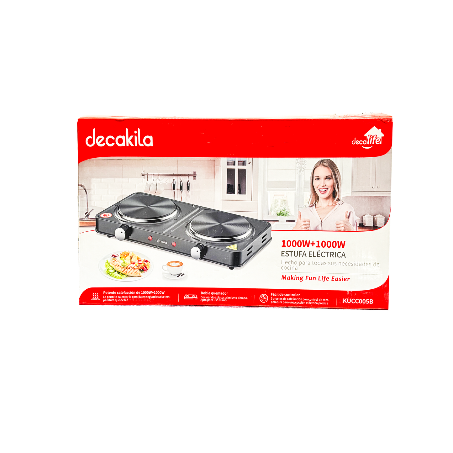 Parrilla Eléctrica Con 2 Quemadores Tipo Plato 1000W Negro Decakila KUCC005B (Caja de 6 Piezas)