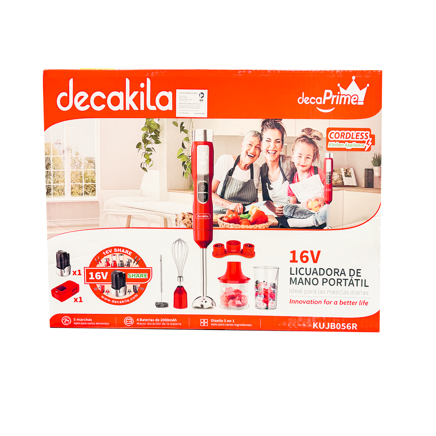 Batidora de Inmersión 5 Velocidades con Accesorios 5 en 1 Inalámbrica con Batería Recargable Rojo Decakila KUJB056R (Caja de 6 Piezas)