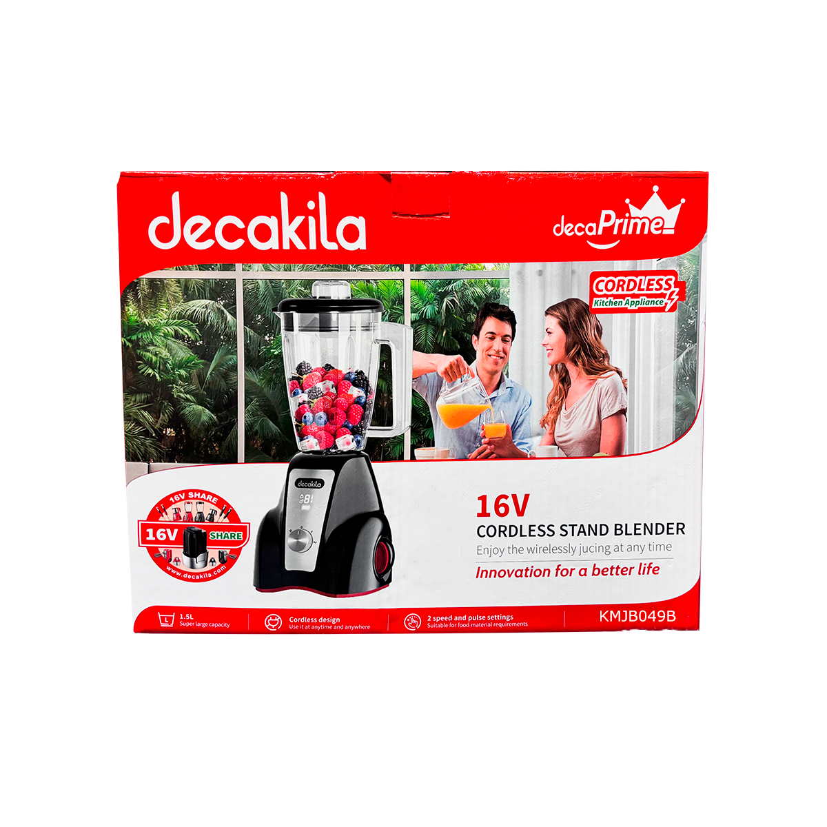 Licuadora 2 Velocidades Vaso de Plástico 1.5 L Inalámbrica de Batería Negro Decakila KMJB049B