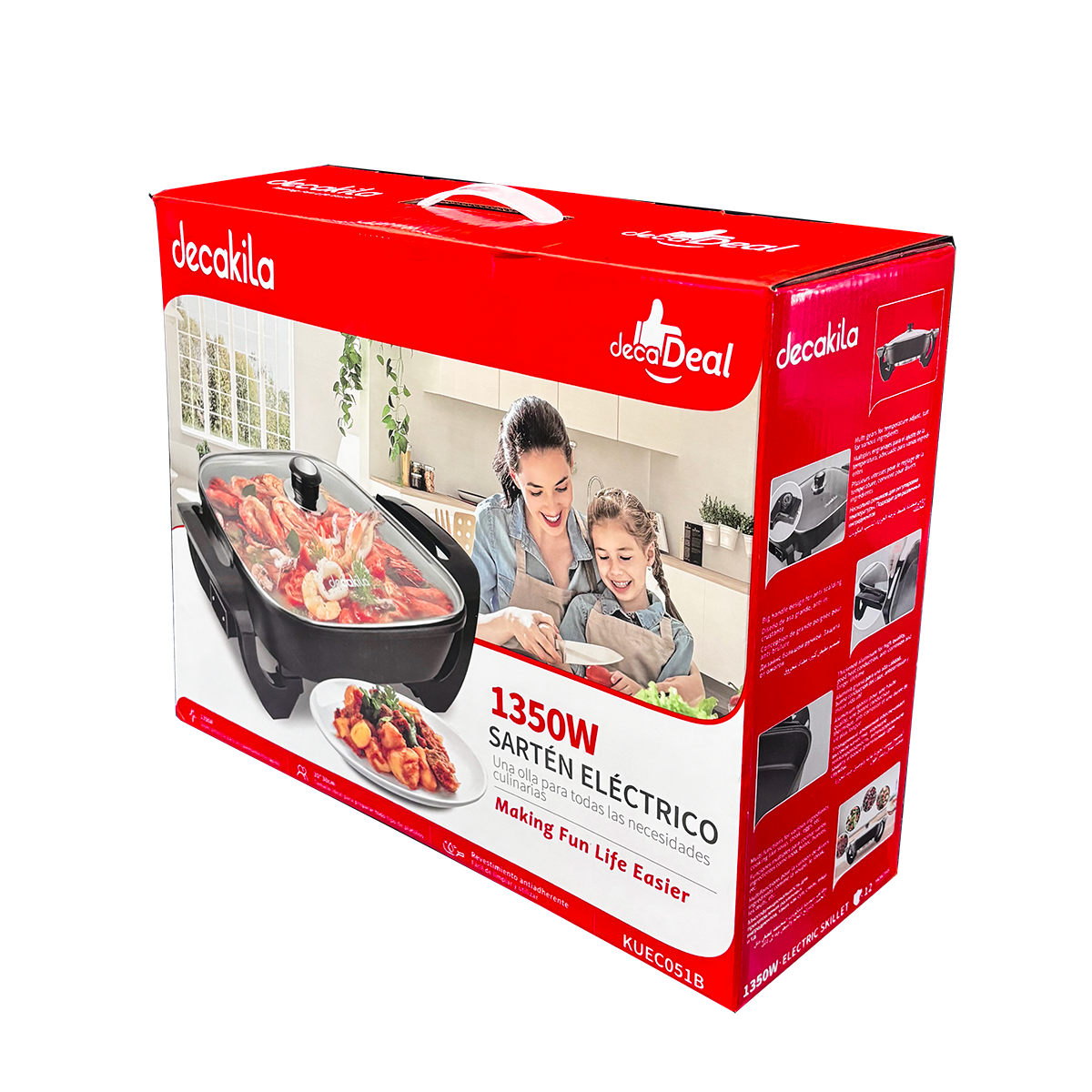 Sartén Eléctrico de 30 X 30 cm con Antiadherente y Tapa de Vidrio Negro Decakila KUEC051B (Caja con 4 Piezas)