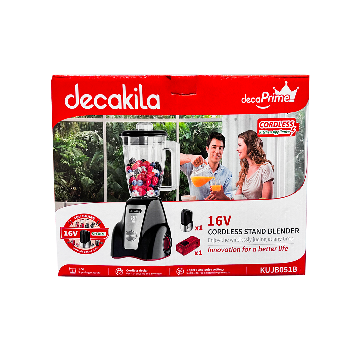 Licuadora 2 Velocidades Vaso de Plástico 1.5 L Inalámbrica con Batería Recargable Negro Decakila KUJB051B