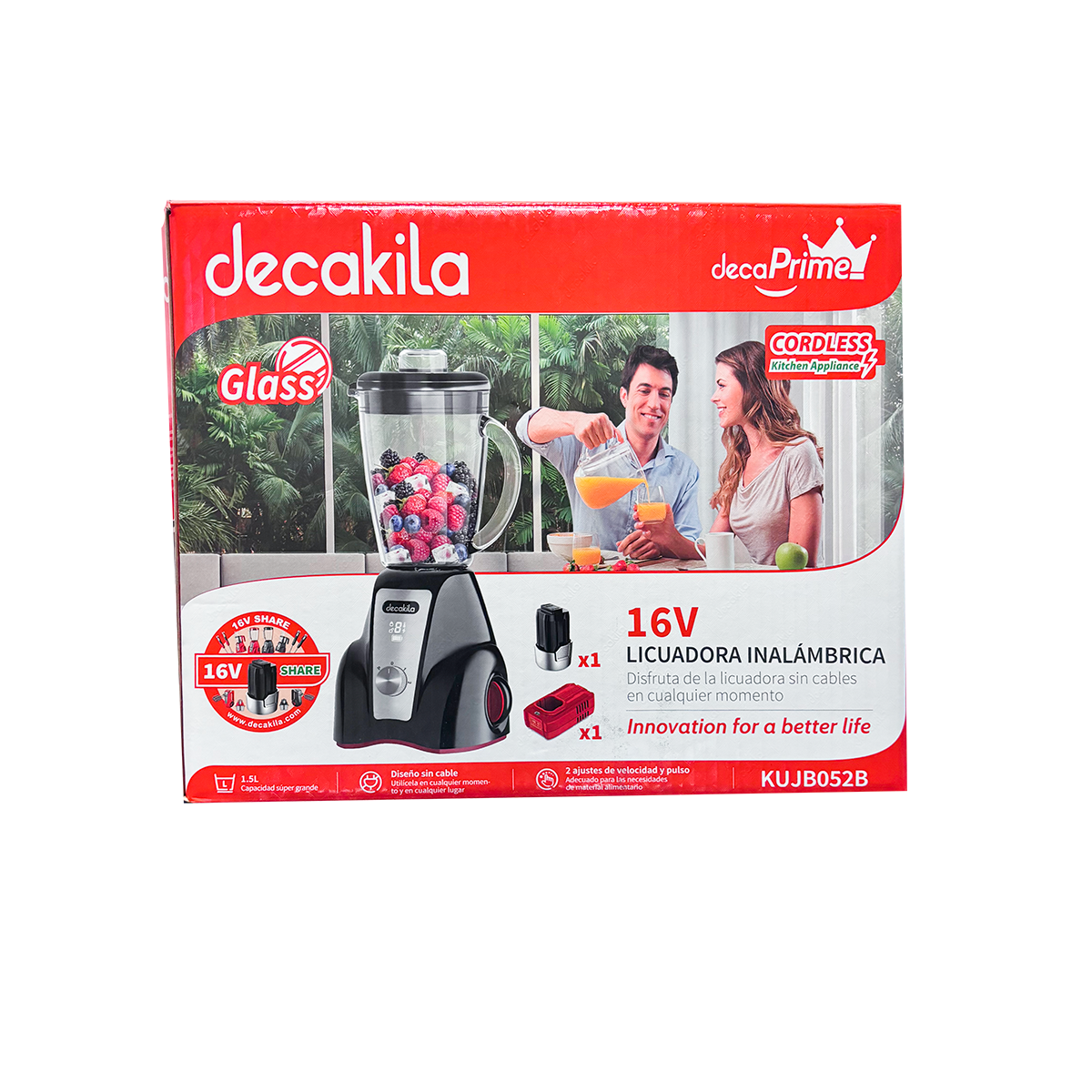 Licuadora 2 Velocidades Vaso de Vidrio 1.5 L Inalámbrica con Batería Recargable Negro Decakila KUJB052B
