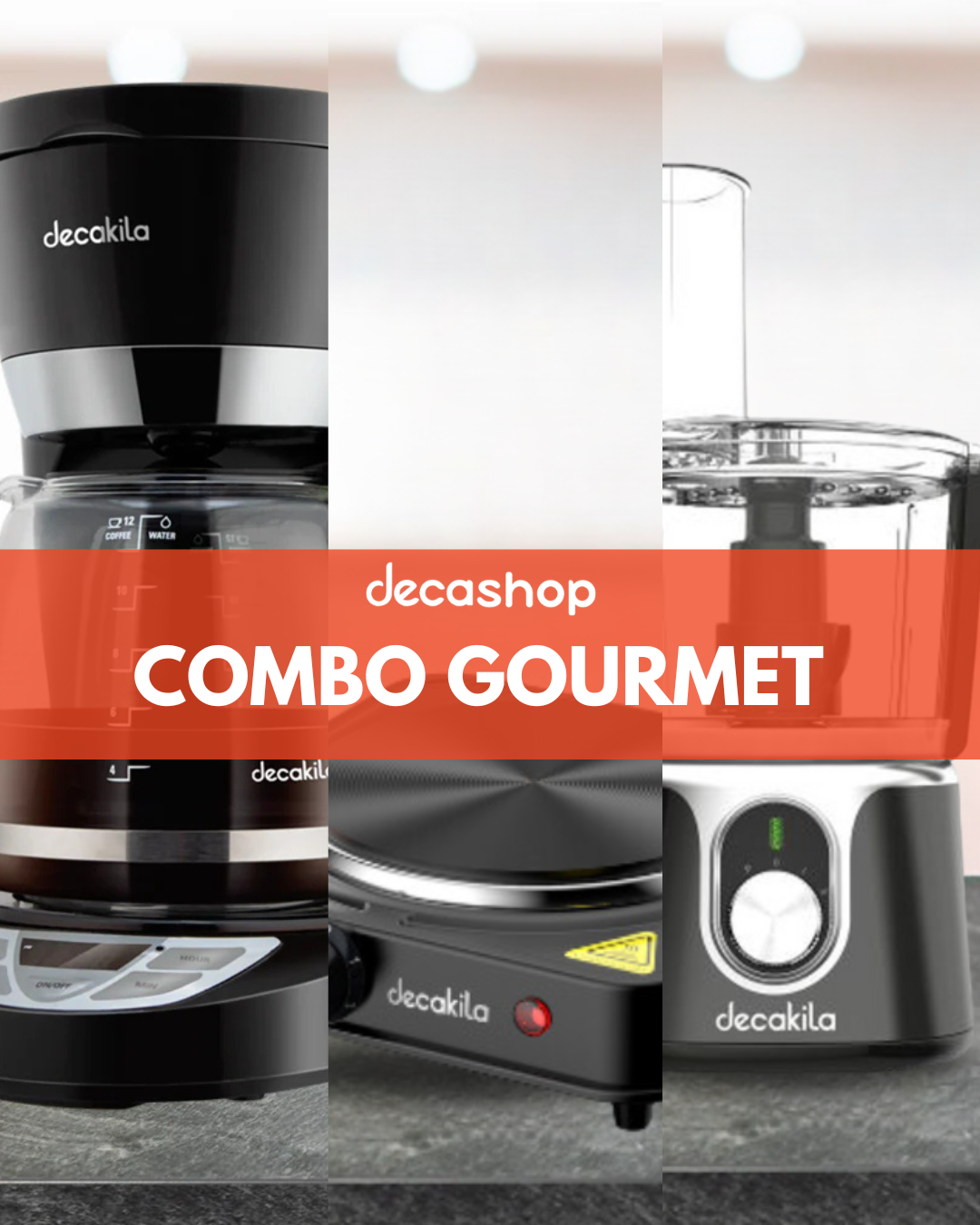 Combo Gourmet: Cafetera 12 Tazas + Procesador de Alimentos Inalámbrico + Parrilla Eléctrica Base de Plato Negro Decakila