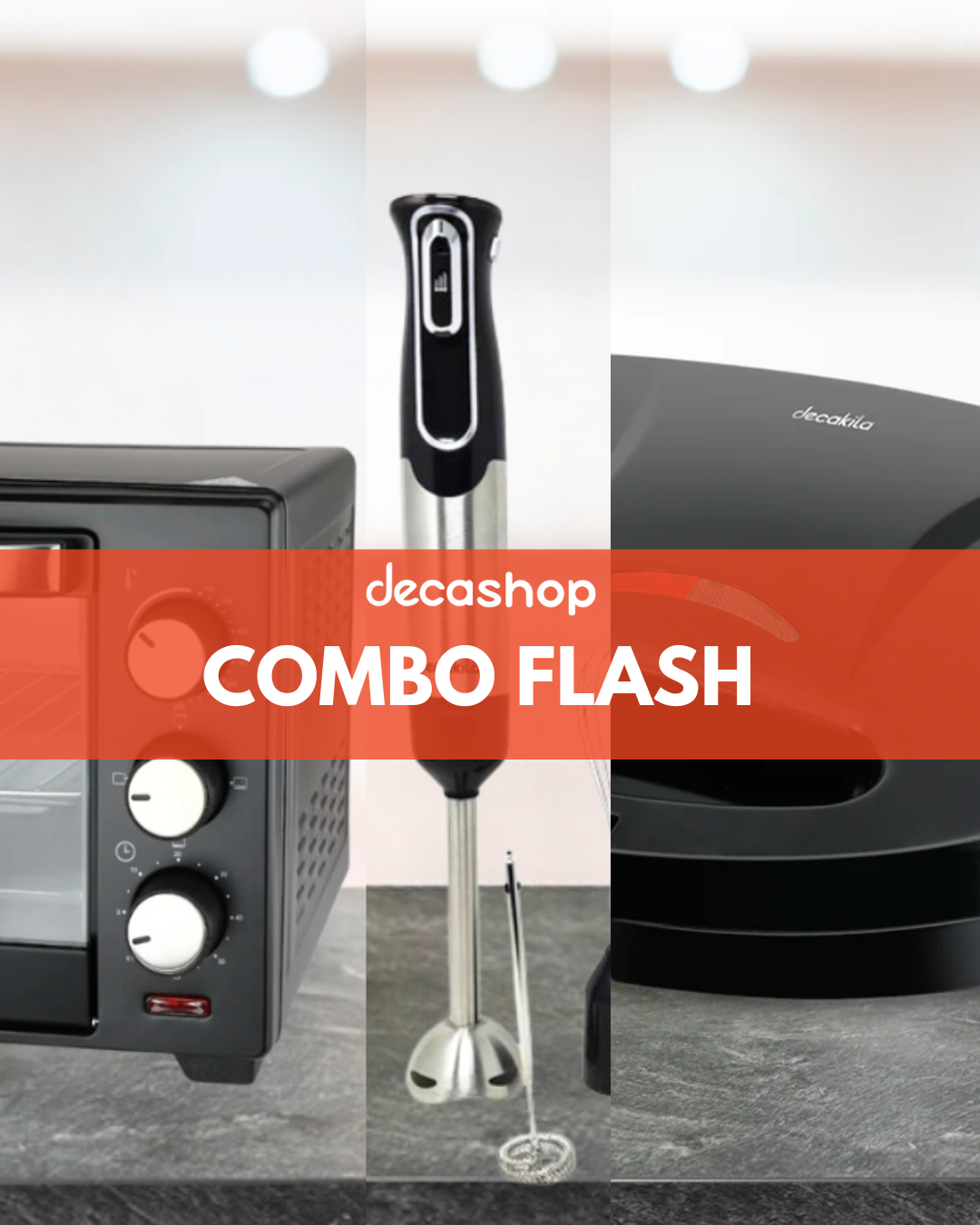 Combo Flash: Sandwichera 2 Panes + Horno Eléctrico 22 L + Batidora de Inmersión con Accesorios Inalámbrica Negro Decakila