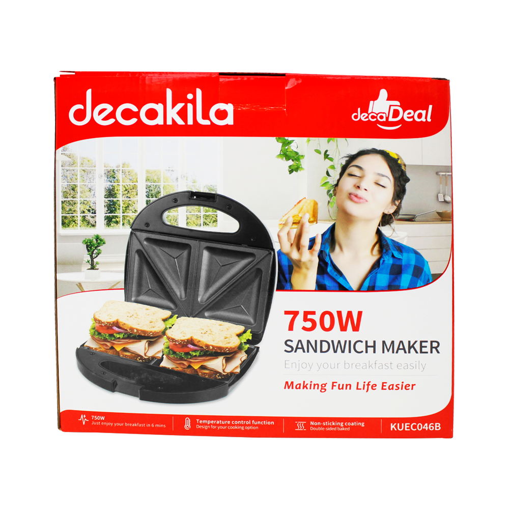 Sandwichera 2 Panes con Antiadherente 750 W Negro Decakila KUEC046B