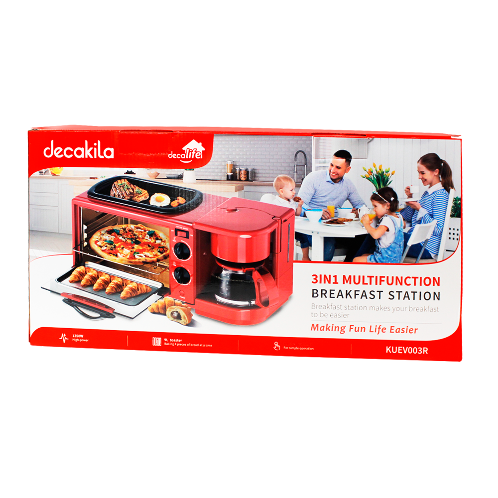 Estación de Desayuno 3 en 1 Cafetera, Horno y Parrilla Decakila KUEV003R (CAJA DE 4 PZAS)