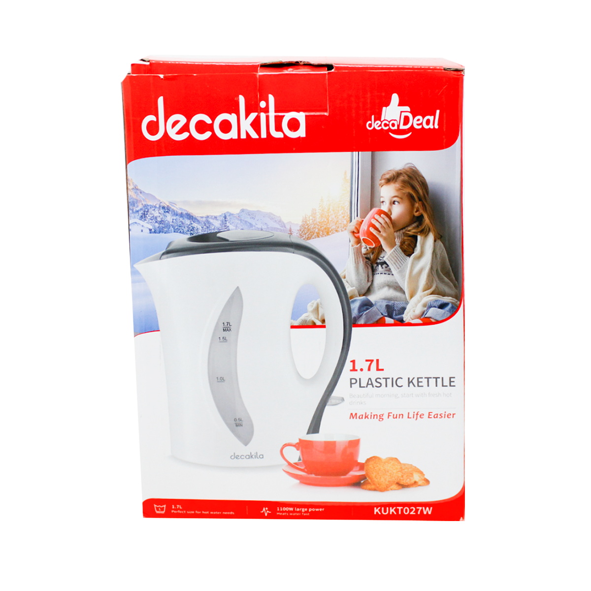 Hervidor Eléctrico 1.7 L 1100 W Blanco Decakila KUKT027W (Caja de 12 Piezas)