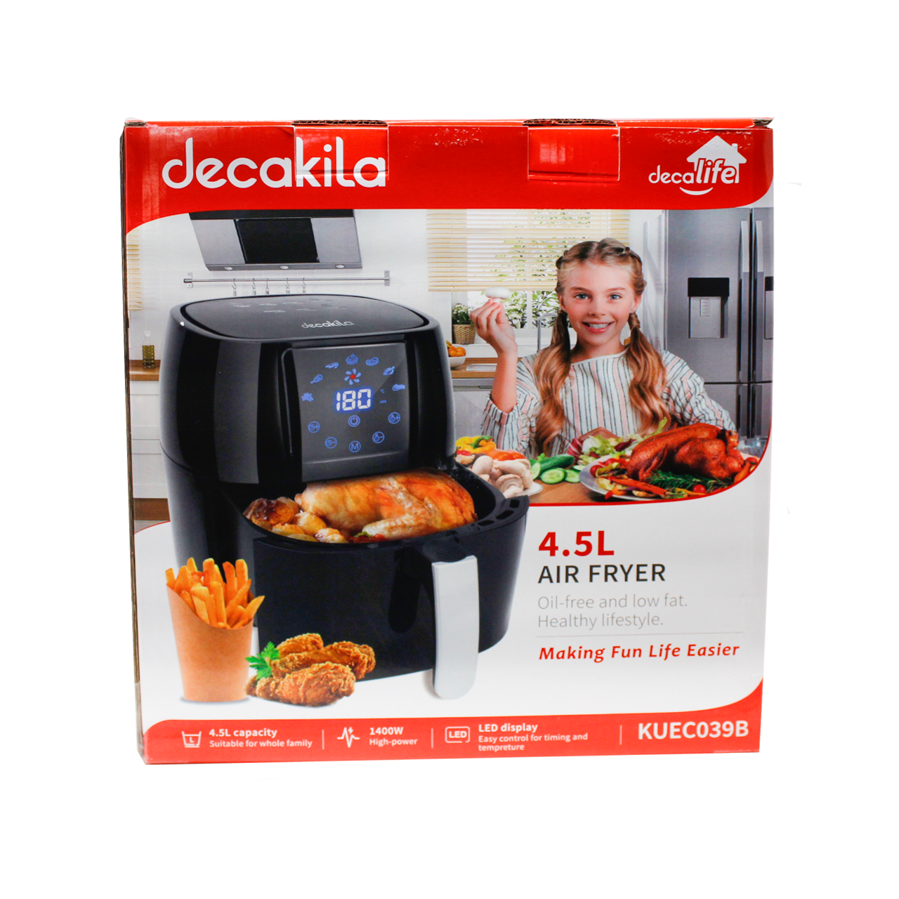 Freidora de Aire 4.5 L Panel Digital 1400 W Decakila KUEC039B