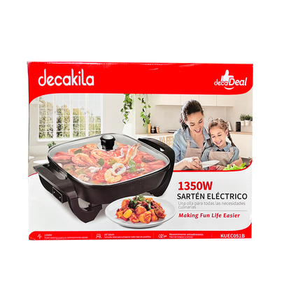 Sartén Eléctrico de 30 X 30 cm con Antiadherente y Tapa de Vidrio Negro Decakila KUEC051B (Caja con 4 Piezas)