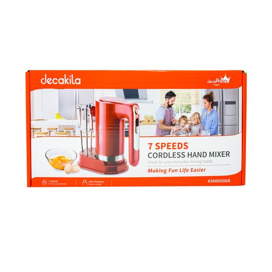 Batidora de Mano 7 Velocidades Inalámbrica con Accesorios Roja Decakila KMMX006R (CAJA DE 6 PZAS)