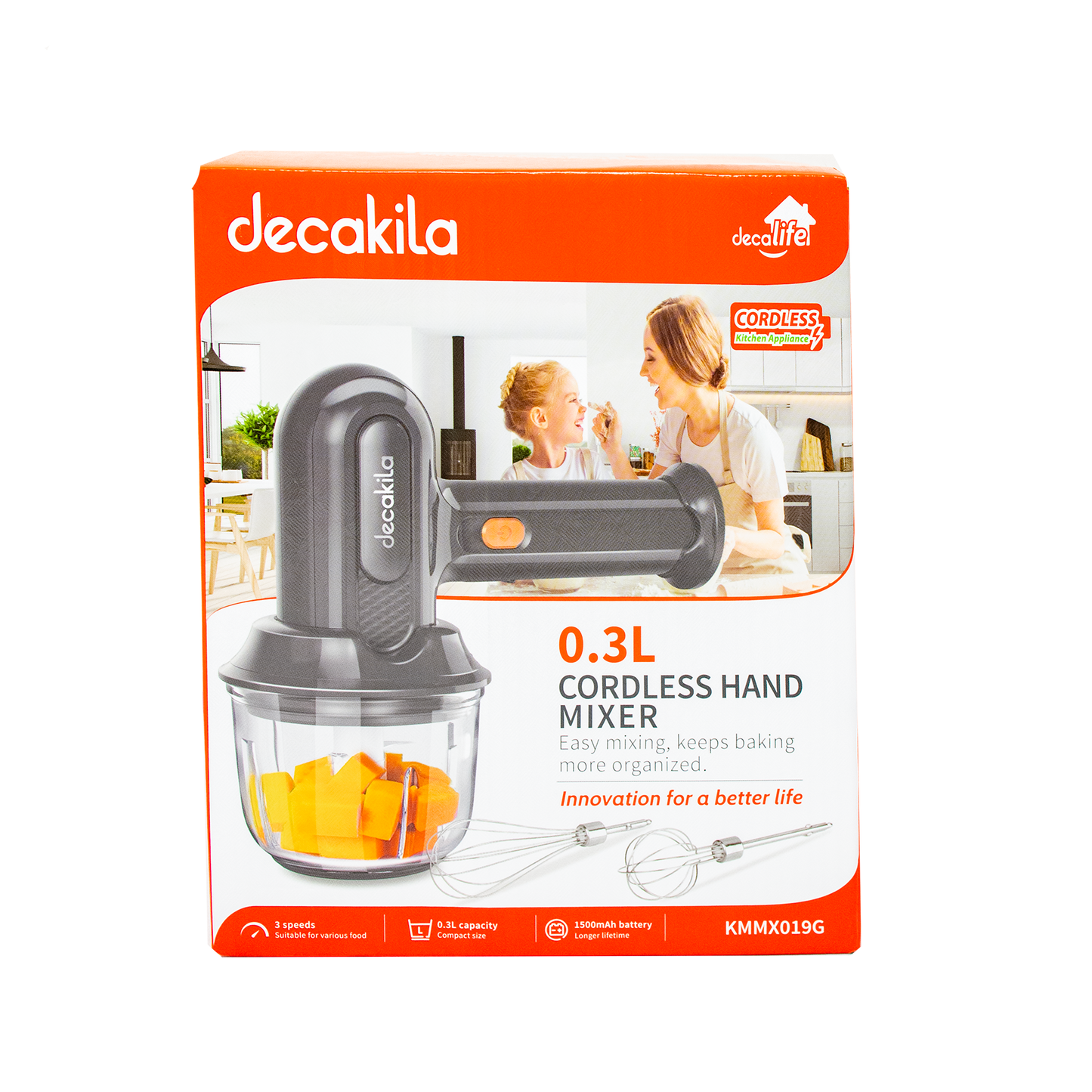 Batidora de Mano Inalámbrica 3 Velocidades con Tazón Procesador de 300 ml Negra Decakila KMMX019G
