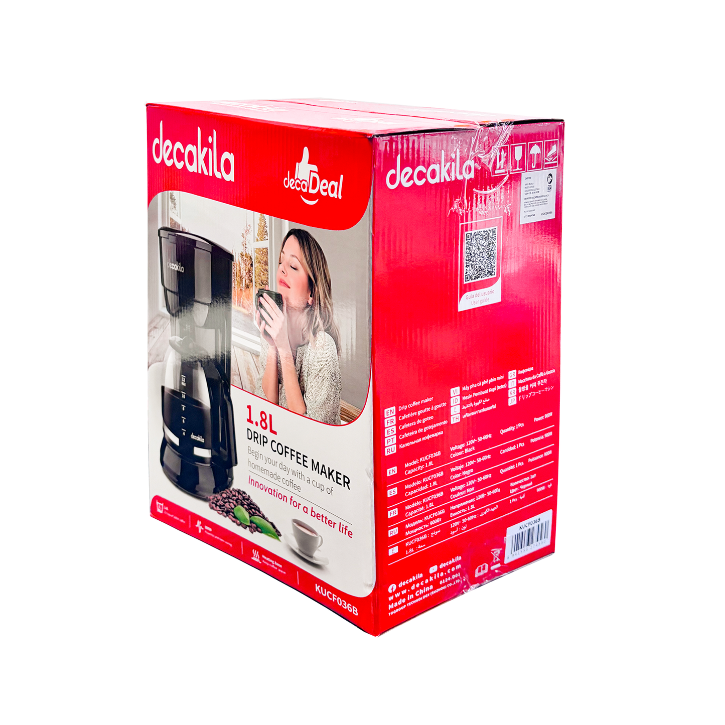Cafetera de Goteo 12 Tazas (1.8 L) con Filtro Permanente Negra Decakila KUCF036B (Caja con 4 Piezas)